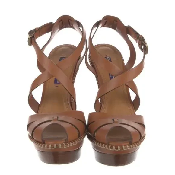 Ralph Lauren Collection Platform Sandal Cognac Brown Leather High Heels Jodene 8 - Picture 3 of 5